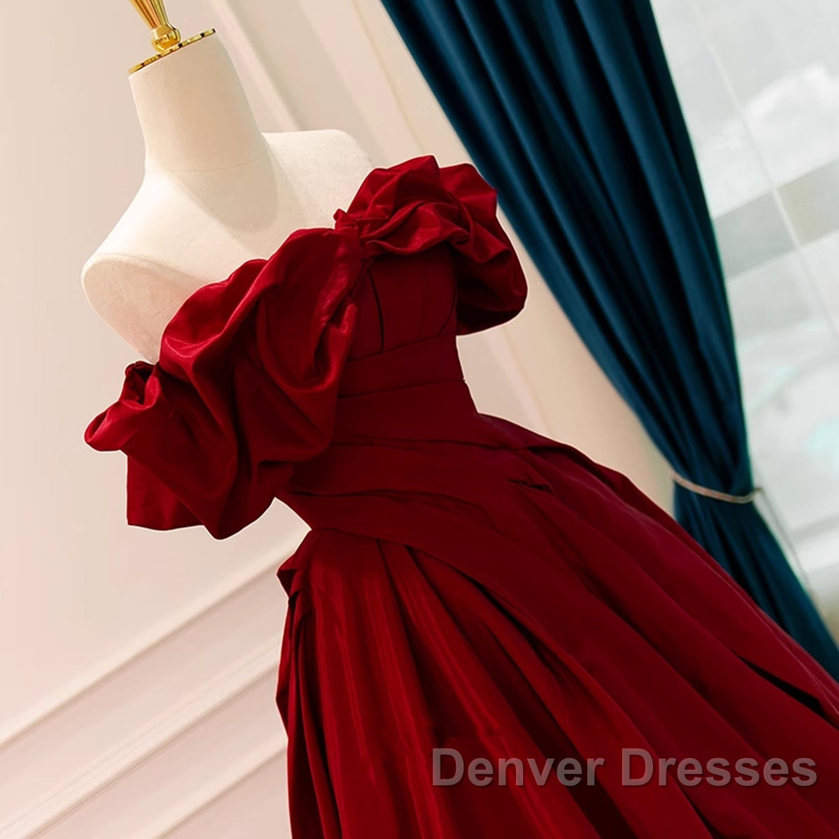 Wine Red Satin Off Shoulder Chic Long Party Dress, Wine Red Sweetheart Prom Dress Secondary image