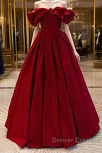 Wine Red Satin Off Shoulder Chic Long Party Dress, Wine Red Sweetheart Prom Dress