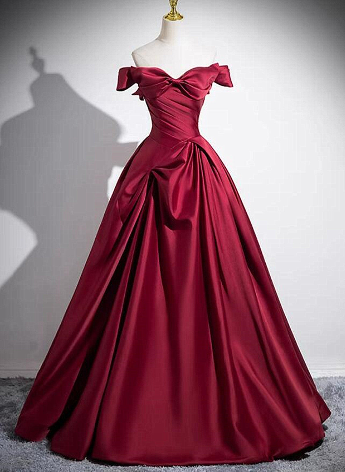 Wine Red Satin Off Shoulder Floor Length Party Dress, Wine Red Long Prom Dress Main image