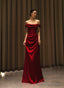 Wine Red Satin Off Shoulder Long Formal Gown, Wine Red Satin Prom Dress