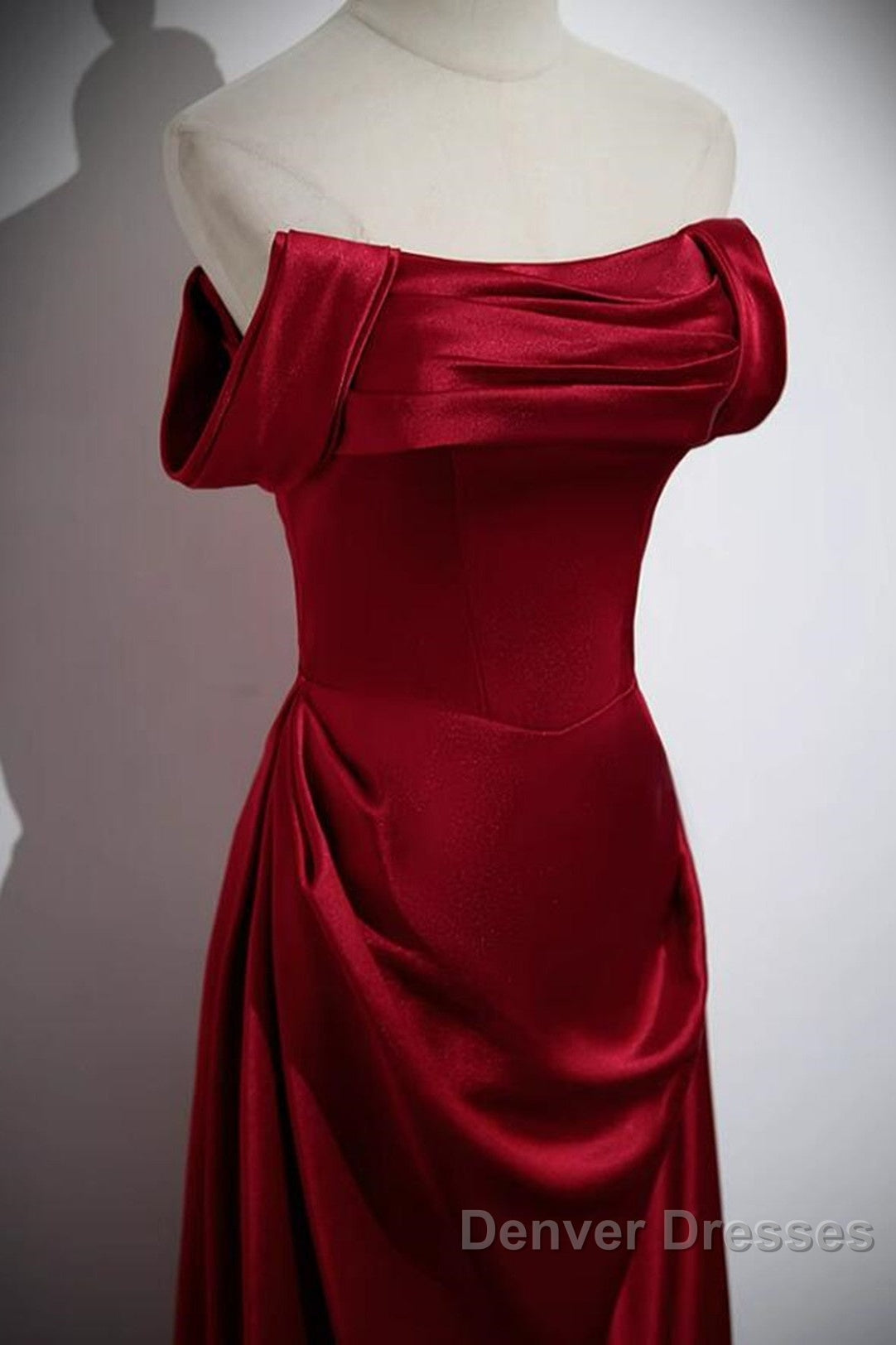 Wine Red Satin Off Shoulder Long Party Dress, A-Line Satin Prom Dress