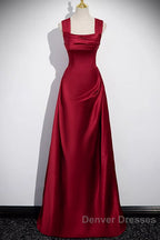 Wine Red Satin Off Shoulder Long Party Dress, A-Line Satin Prom Dress