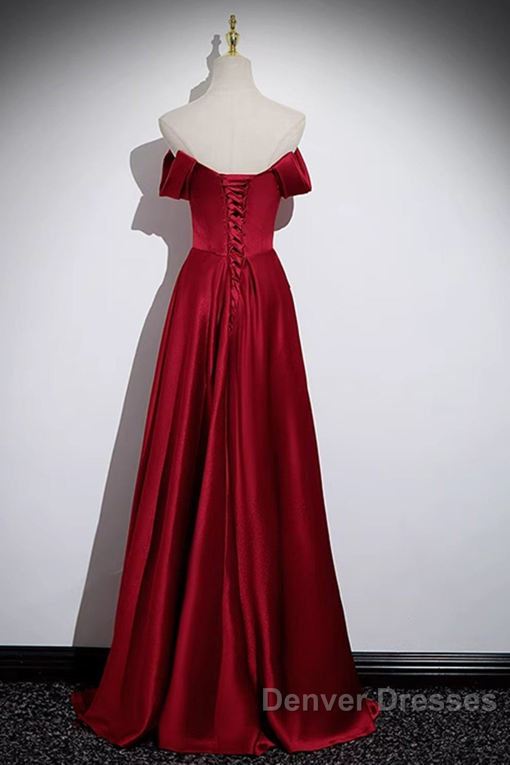 Wine Red Satin Off Shoulder Long Party Dress, A-Line Satin Prom Dress