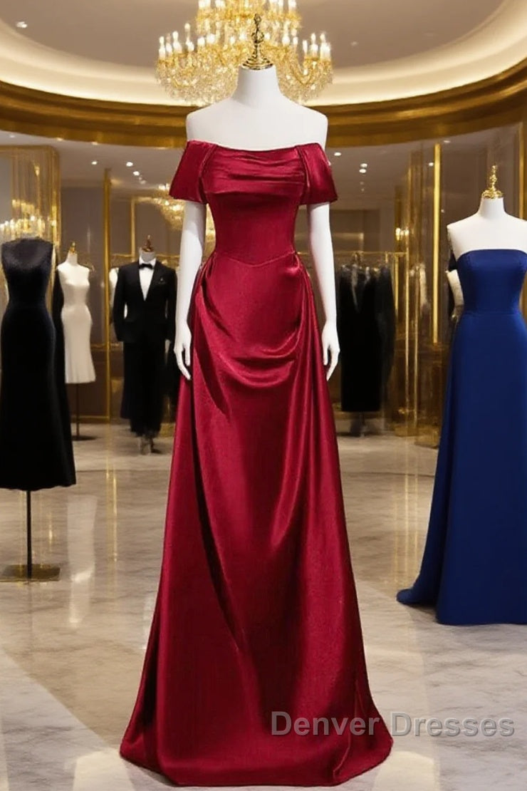 Wine Red Satin Off Shoulder Long Party Dress, A-Line Satin Prom Dress