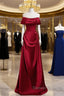 Wine Red Satin Off Shoulder Long Party Dress, A-Line Satin Prom Dress