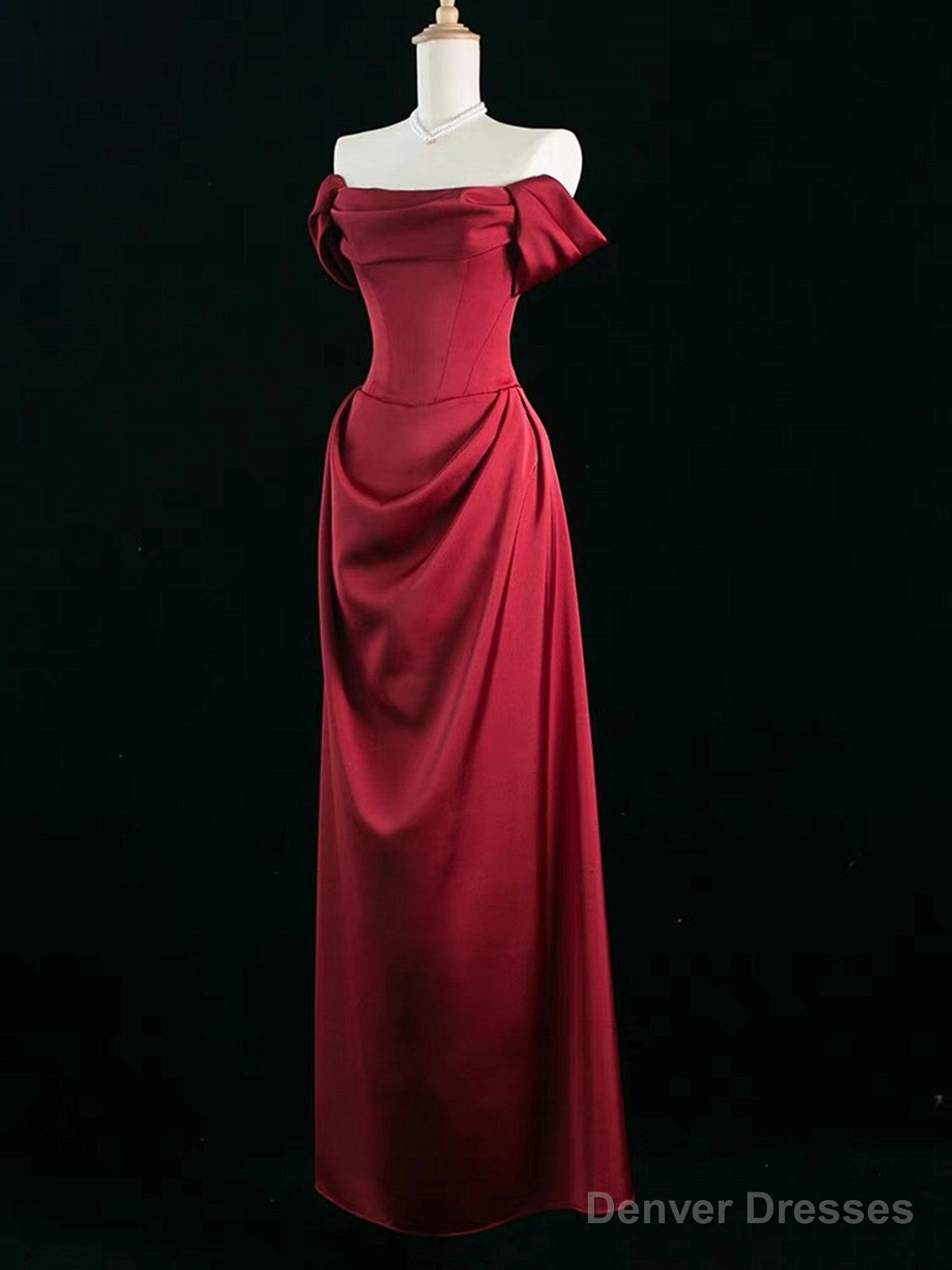 Wine Red Satin Off Shoulder Long Party Dress, Wine Red Satin Prom Dress Secondary image