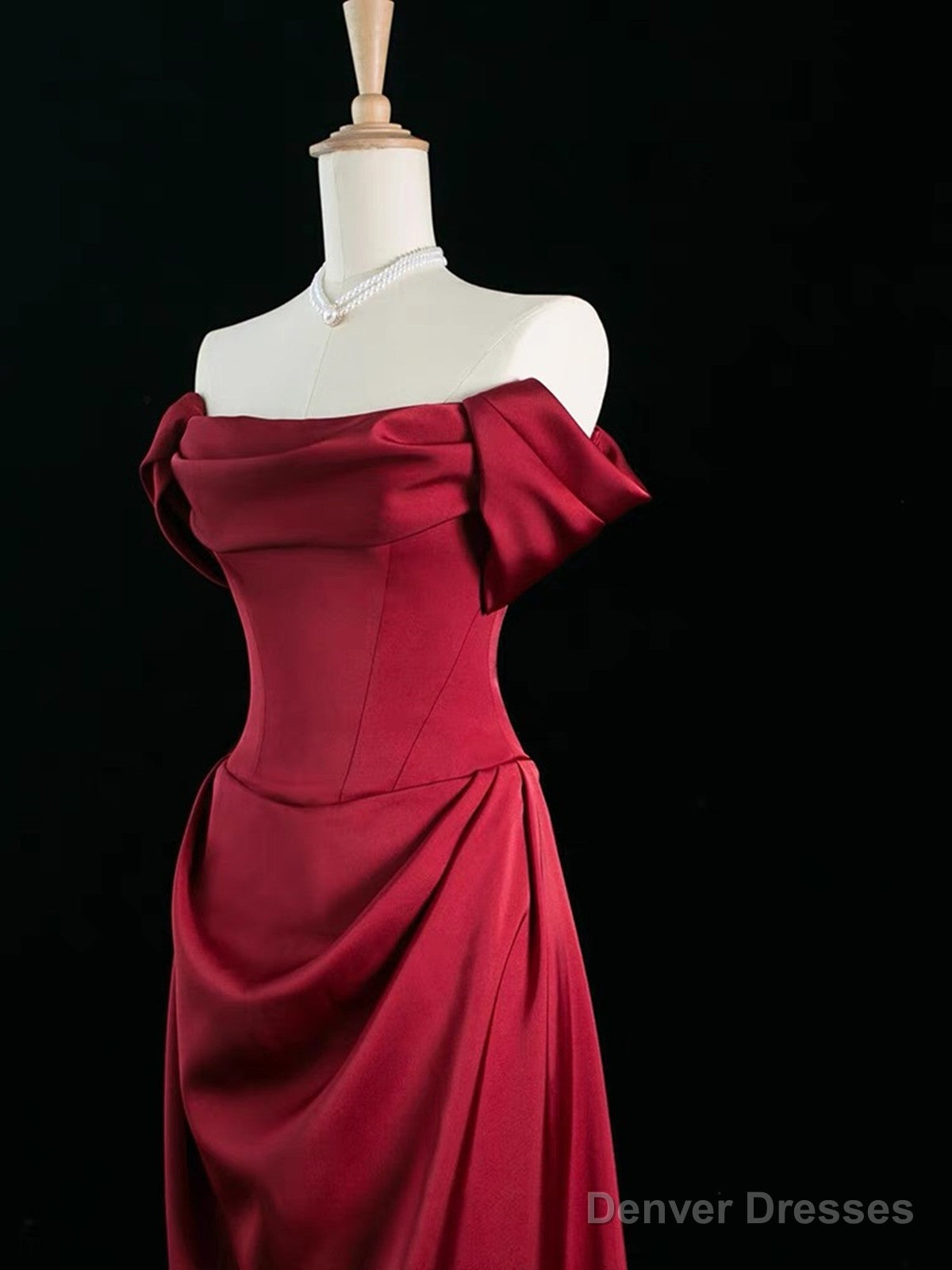 Wine Red Satin Off Shoulder Long Party Dress, Wine Red Satin Prom Dress