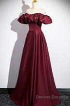 Wine Red Satin Off Shoulder Long Party Dress, Wine Red Satin Prom Dress