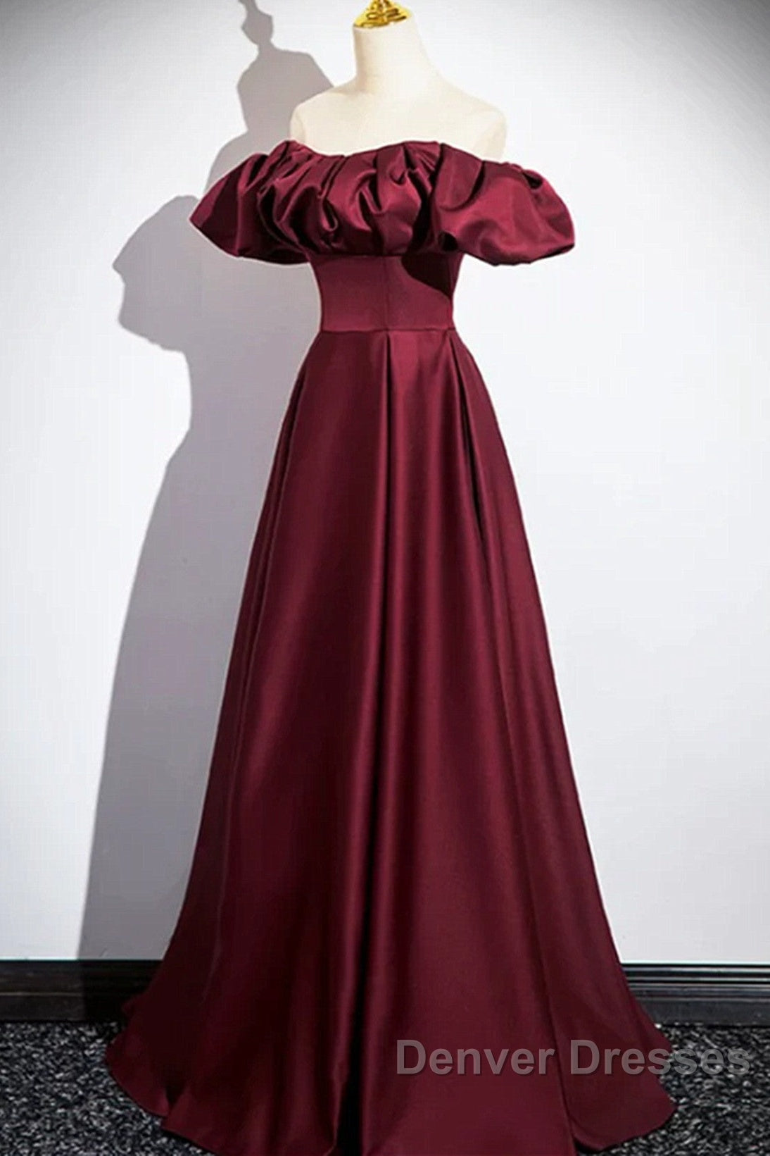 Wine Red Satin Off Shoulder Long Party Dress, Wine Red Satin Prom Dress