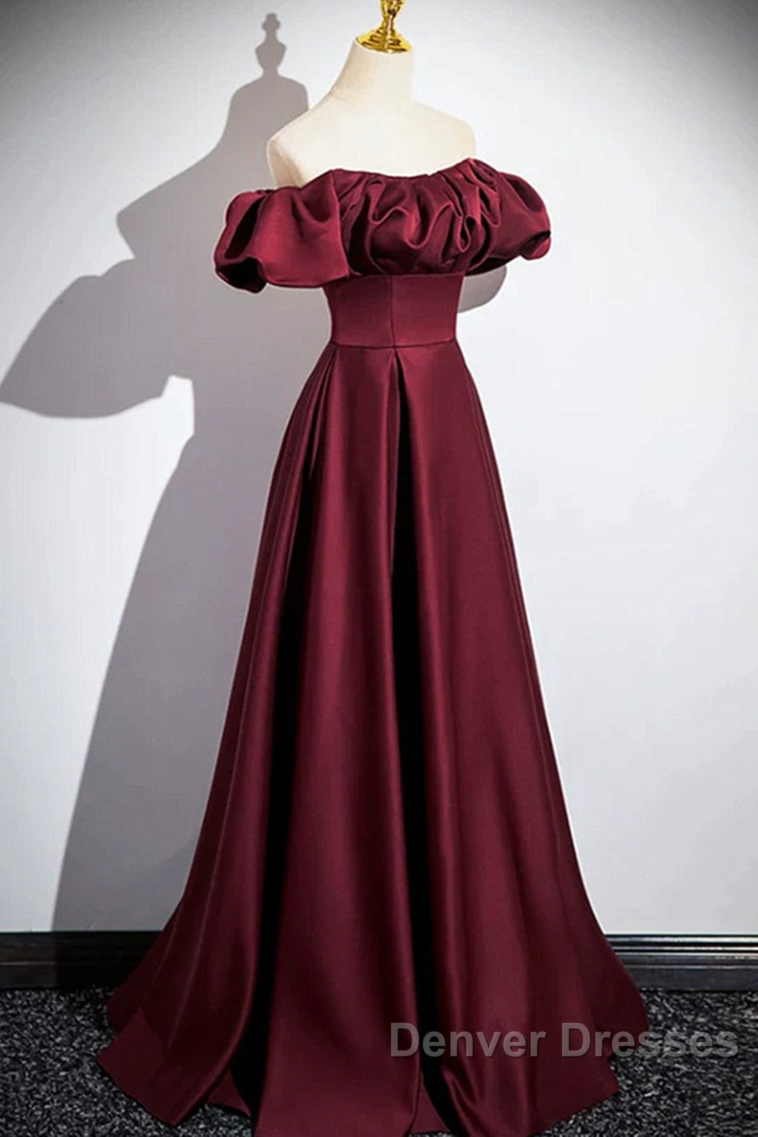 Wine Red Satin Off Shoulder Long Party Dress, Wine Red Satin Prom Dress
