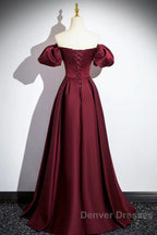 Wine Red Satin Off Shoulder Long Party Dress, Wine Red Satin Prom Dress