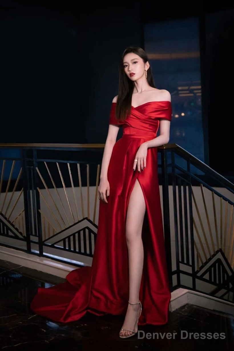 Wine Red Satin Off Shoulder Long Party Dress With Leg Slit, Wine Red Long Prom Dress Main image