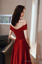 Wine Red Satin Off Shoulder Long Prom Dress With Leg Slit, Wine Red Evening Dress
