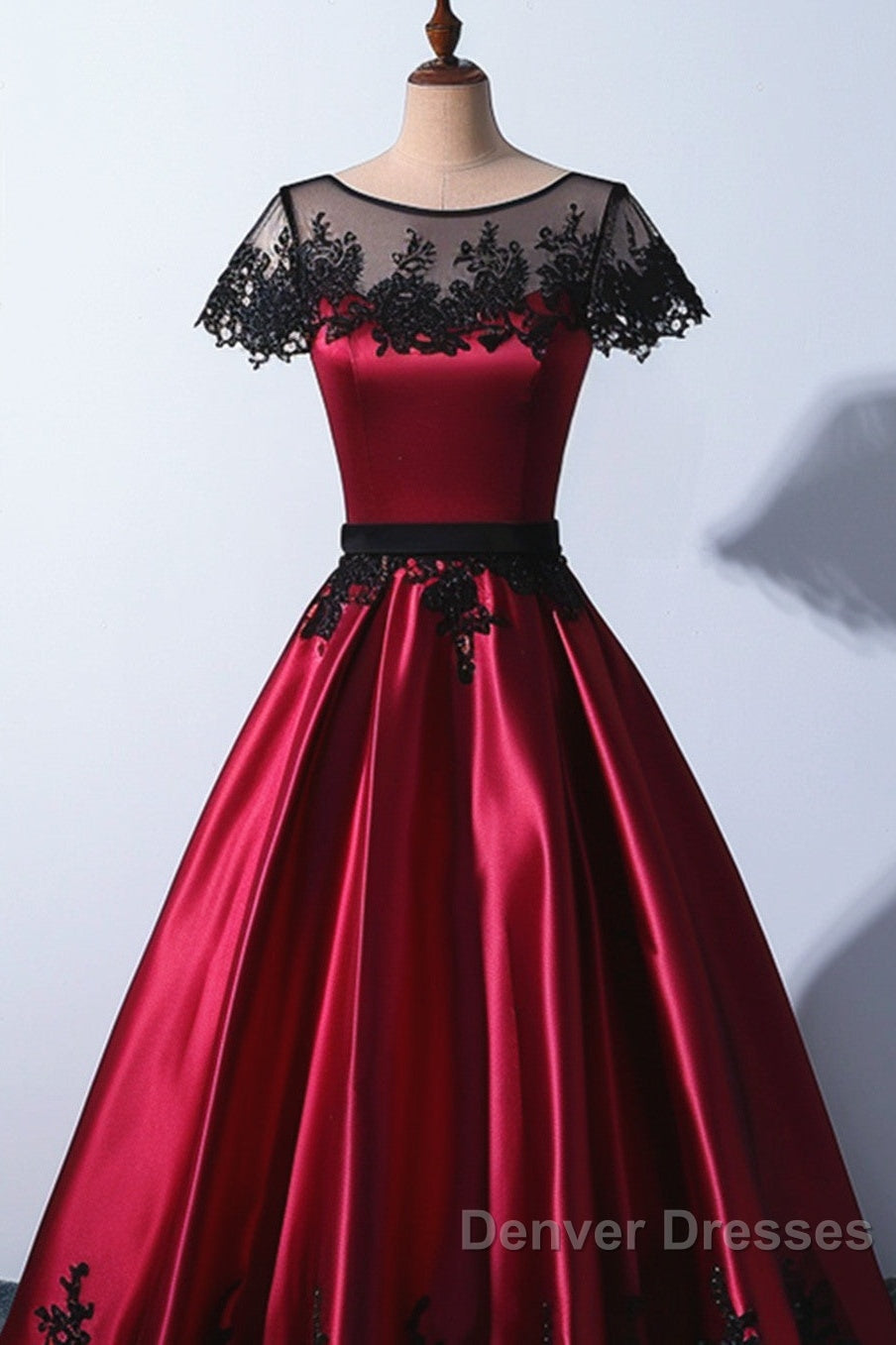 Wine Red Satin Round Neckline With Black Lace Party Dress, Wine Red Prom Dress Secondary image
