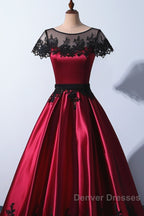Wine Red Satin Round Neckline With Black Lace Party Dress, Wine Red Prom Dress