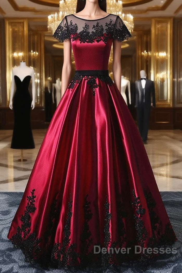 Wine Red Satin Round Neckline With Black Lace Party Dress, Wine Red Prom Dress Main image