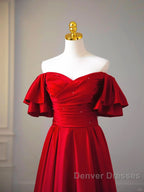 Wine Red Satin Short Sleeves Long Party Dress, Wine Red Satin Prom Dress