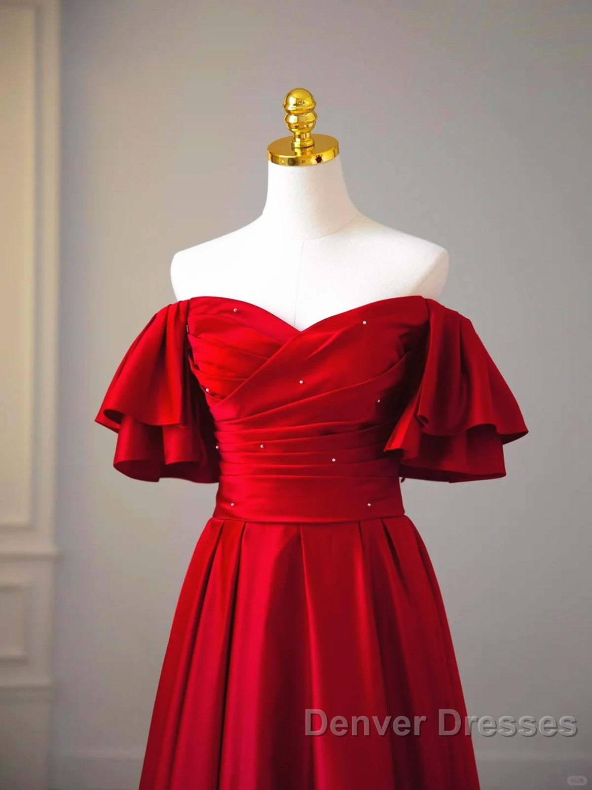 Wine Red Satin Short Sleeves Long Party Dress, Wine Red Satin Prom Dress Secondary image