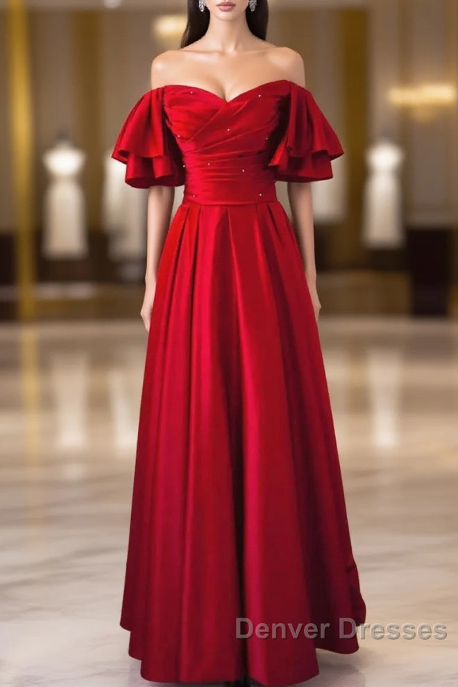 Wine Red Satin Short Sleeves Long Party Dress, Wine Red Satin Prom Dress Main image