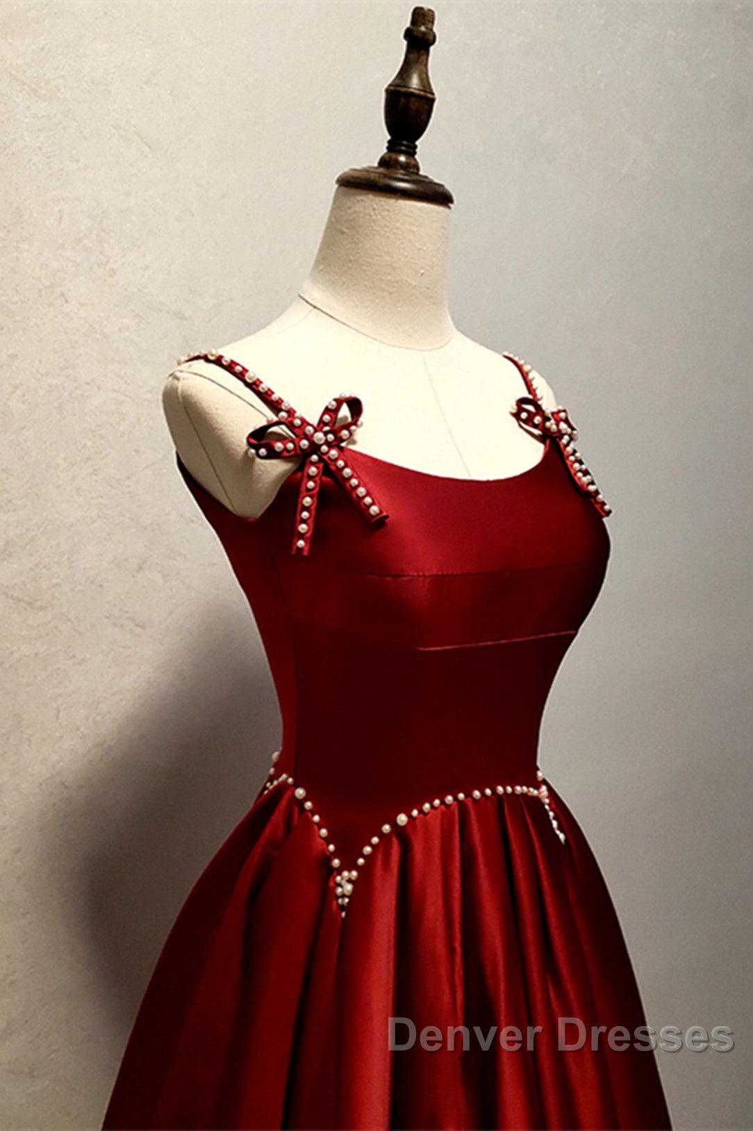 Wine Red Satin Straps Beaded Long Party Dress, Wine Red A-Line Prom Dress