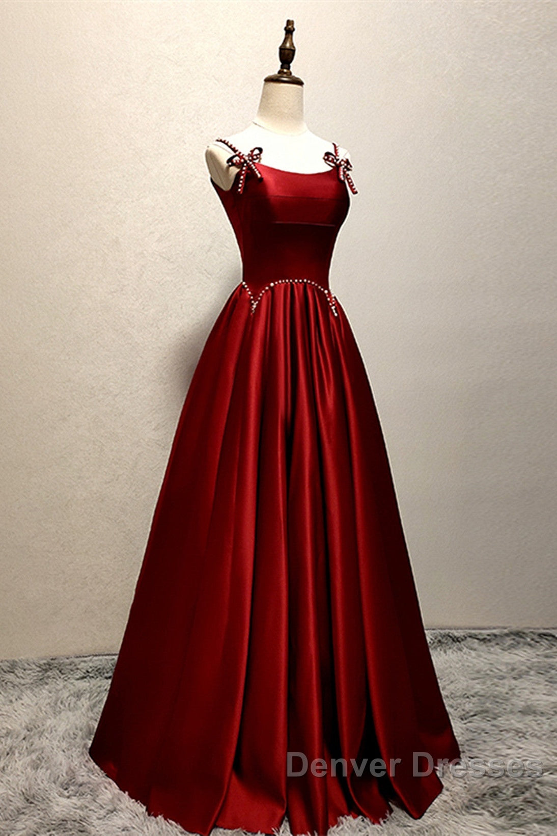 Wine Red Satin Straps Beaded Long Party Dress, Wine Red A-Line Prom Dress