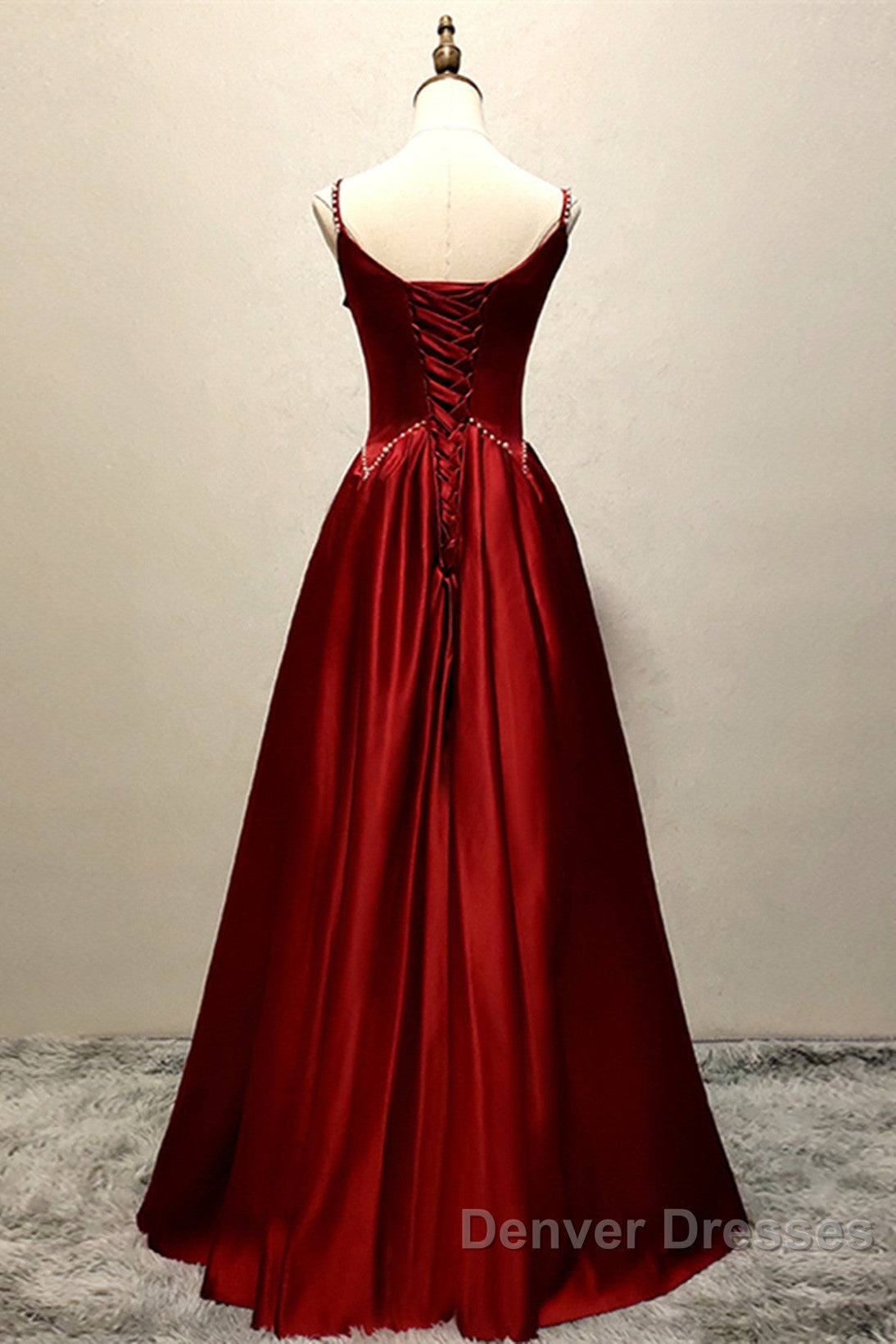 Wine Red Satin Straps Beaded Long Party Dress, Wine Red A-Line Prom Dress