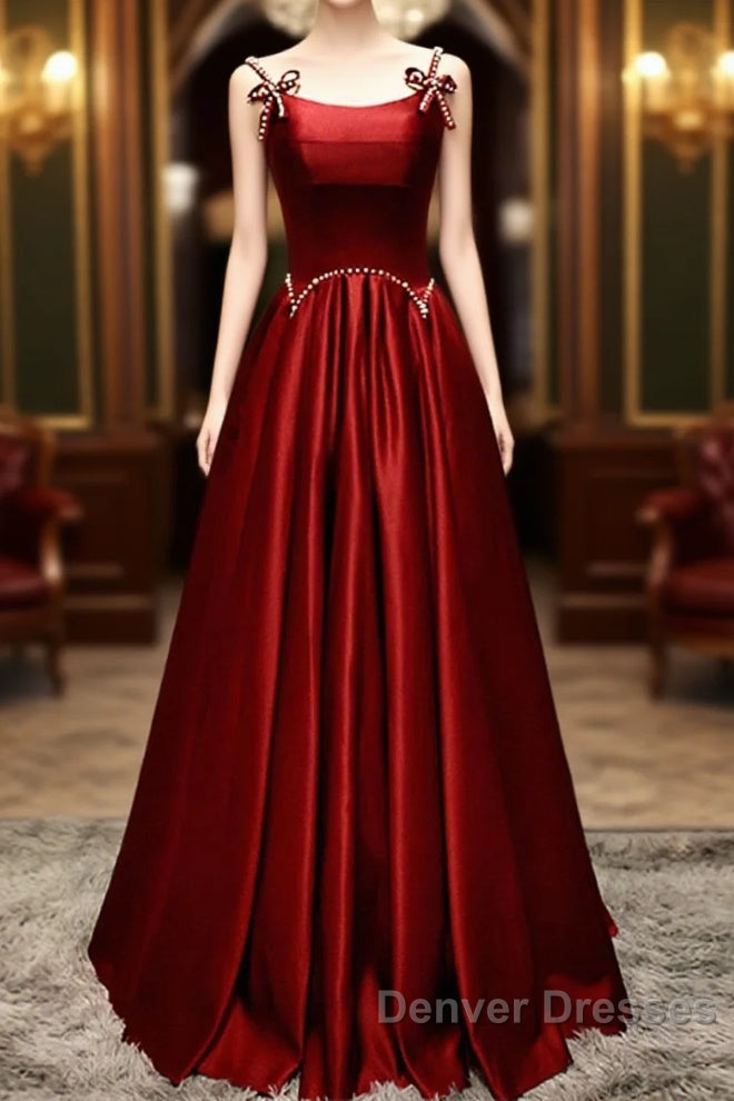 Wine Red Satin Straps Beaded Long Party Dress, Wine Red A-Line Prom Dress Main image