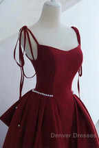 Wine Red Satin Straps Long Party Dress, Wine Red Floor Length Formal Dress Prom Dress