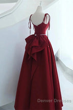 Wine Red Satin Straps Long Party Dress, Wine Red Floor Length Formal Dress Prom Dress