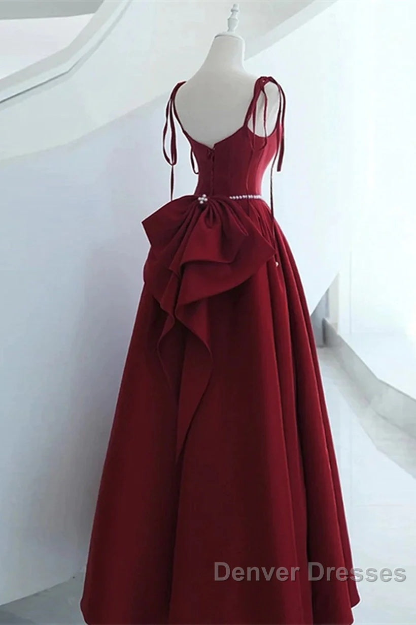 Wine Red Satin Straps Long Party Dress, Wine Red Floor Length Formal Dress Prom Dress