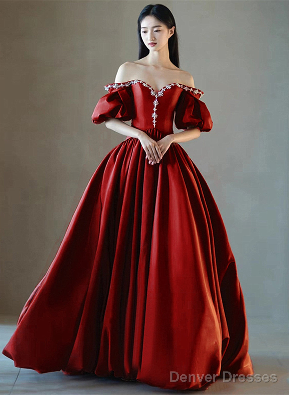Wine Red Satin Sweetheart Beaded Long Prom Dress, Wine Red Evening Dress Main image