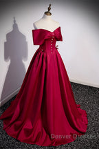 Wine Red Satin Sweetheart Long Evening Dress, Wine Red Satin Prom Dress