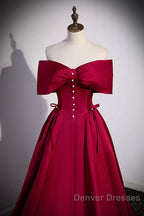 Wine Red Satin Sweetheart Long Evening Dress, Wine Red Satin Prom Dress
