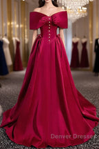 Wine Red Satin Sweetheart Long Evening Dress, Wine Red Satin Prom Dress