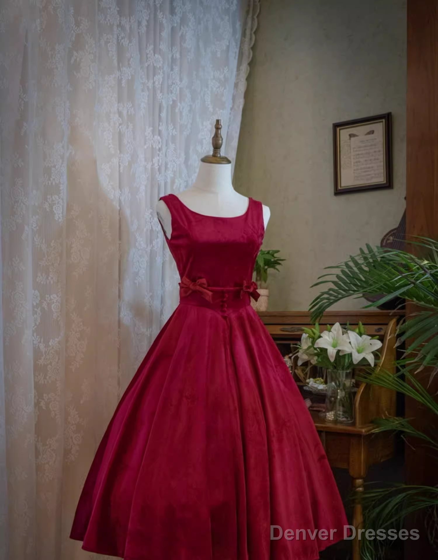 Wine Red Satin Tea Length Party Dress with Bow, Wine Red Wedding Party Dress