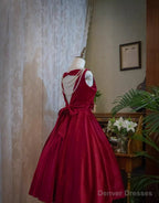 Wine Red Satin Tea Length Party Dress with Bow, Wine Red Wedding Party Dress