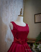 Wine Red Satin Tea Length Party Dress with Bow, Wine Red Wedding Party Dress