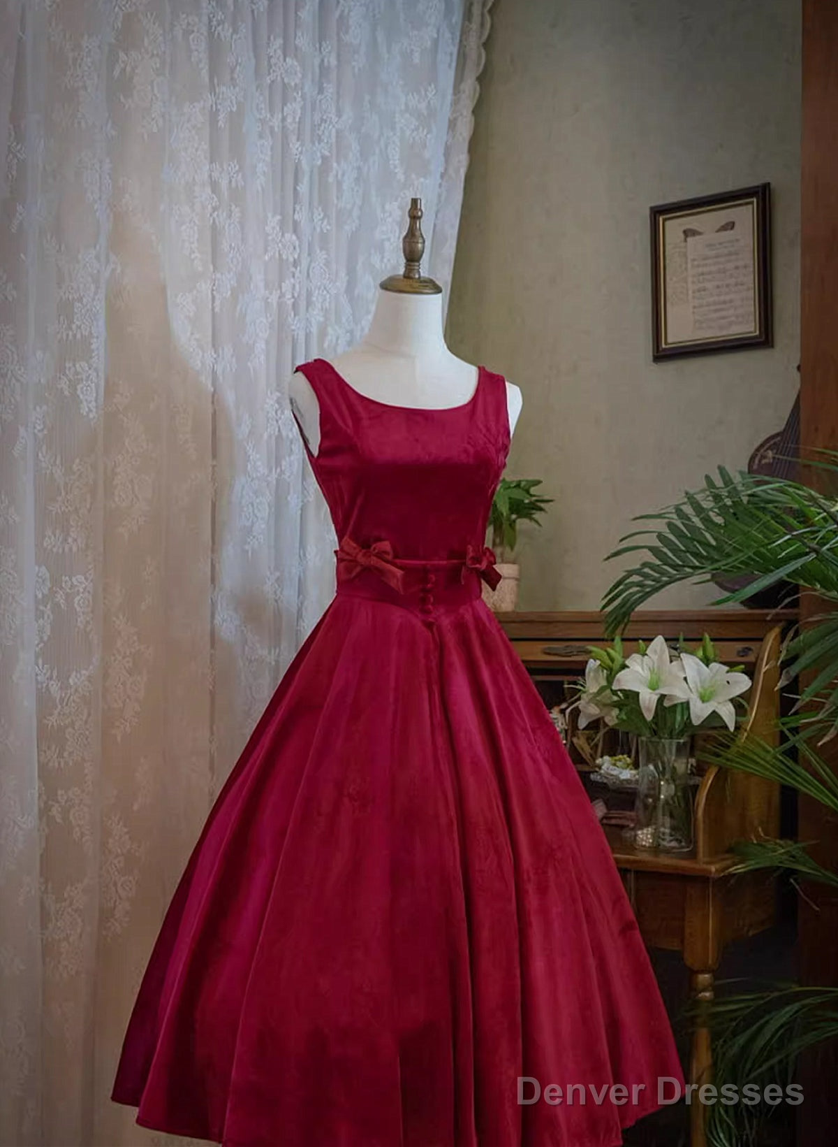 Wine Red Satin Tea Length Party Dress with Bow, Wine Red Wedding Party Dress Main image