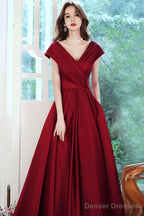 Wine Red Satin V-Neckline Floor Length Party Dress, Wine Red Satin Prom Dress