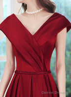 Wine Red Satin V-Neckline Floor Length Party Dress, Wine Red Satin Prom Dress