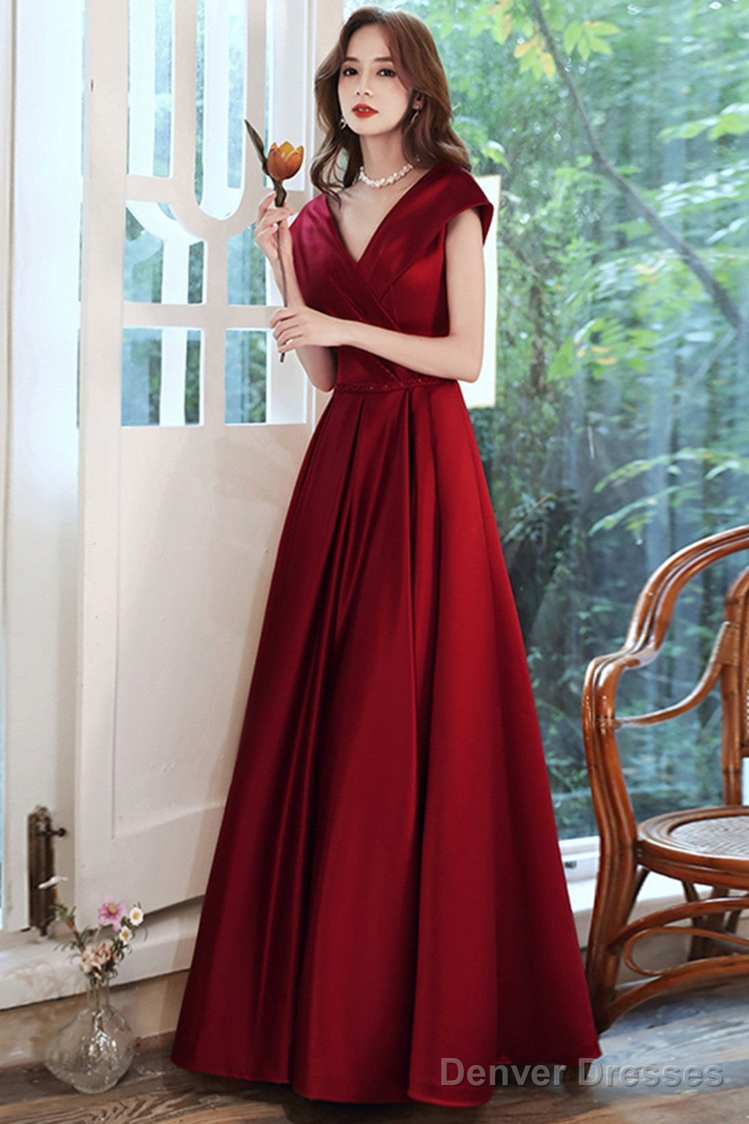 Wine Red Satin V-Neckline Floor Length Party Dress, Wine Red Satin Prom Dress