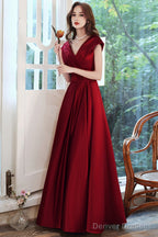 Wine Red Satin V-Neckline Floor Length Party Dress, Wine Red Satin Prom Dress