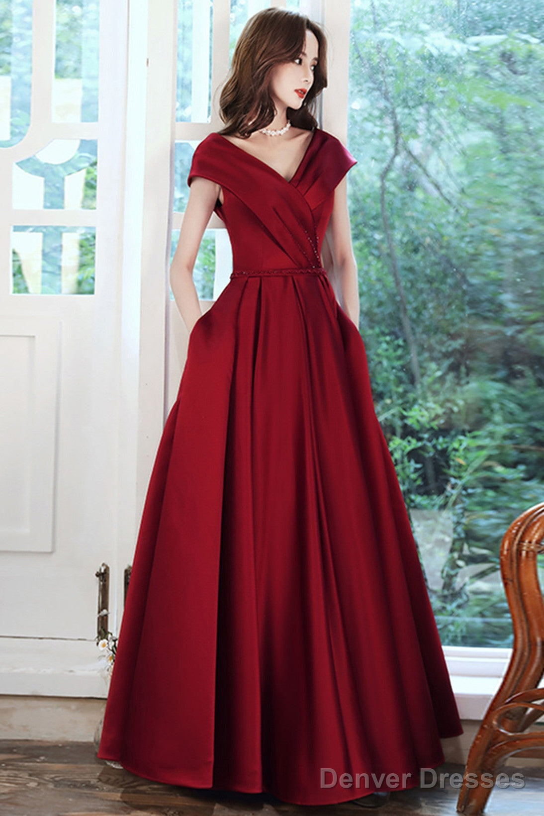 Wine Red Satin V-Neckline Floor Length Party Dress, Wine Red Satin Prom Dress Main image