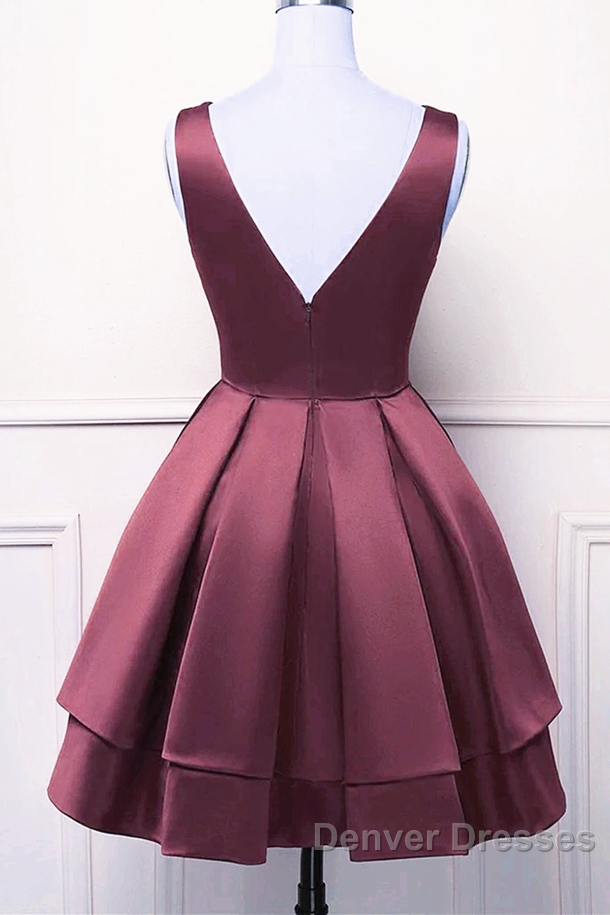 Wine Red Satin V-Neckline Short Party Dress, Wine Red Homecoming Dress Secondary image