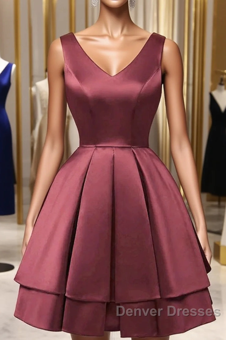 Wine Red Satin V-Neckline Short Party Dress, Wine Red Homecoming Dress Main image