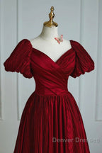 Wine Red Satin V-Neckline Short Sleeves Prom Dress, Wine Red Long Party Dress
