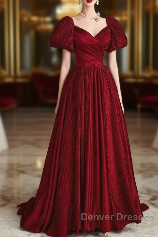 Wine Red Satin V-Neckline Short Sleeves Prom Dress, Wine Red Long Party Dress Main image