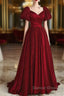 Wine Red Satin V-Neckline Short Sleeves Prom Dress, Wine Red Long Party Dress