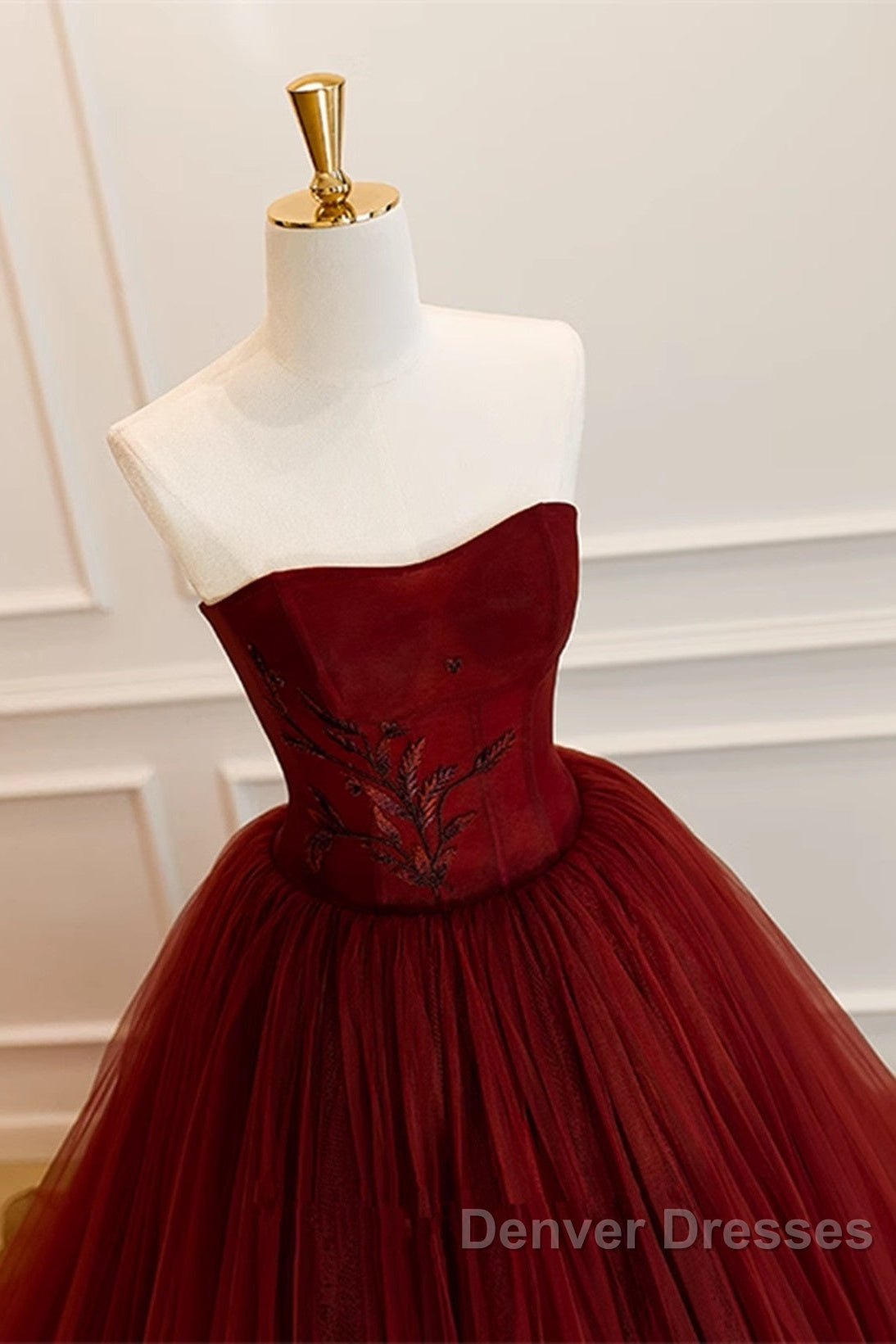 Wine Red Scoop Sweetheart Tulle Ball Gown Prom Dress, Wine Red Tulle Evening Dress