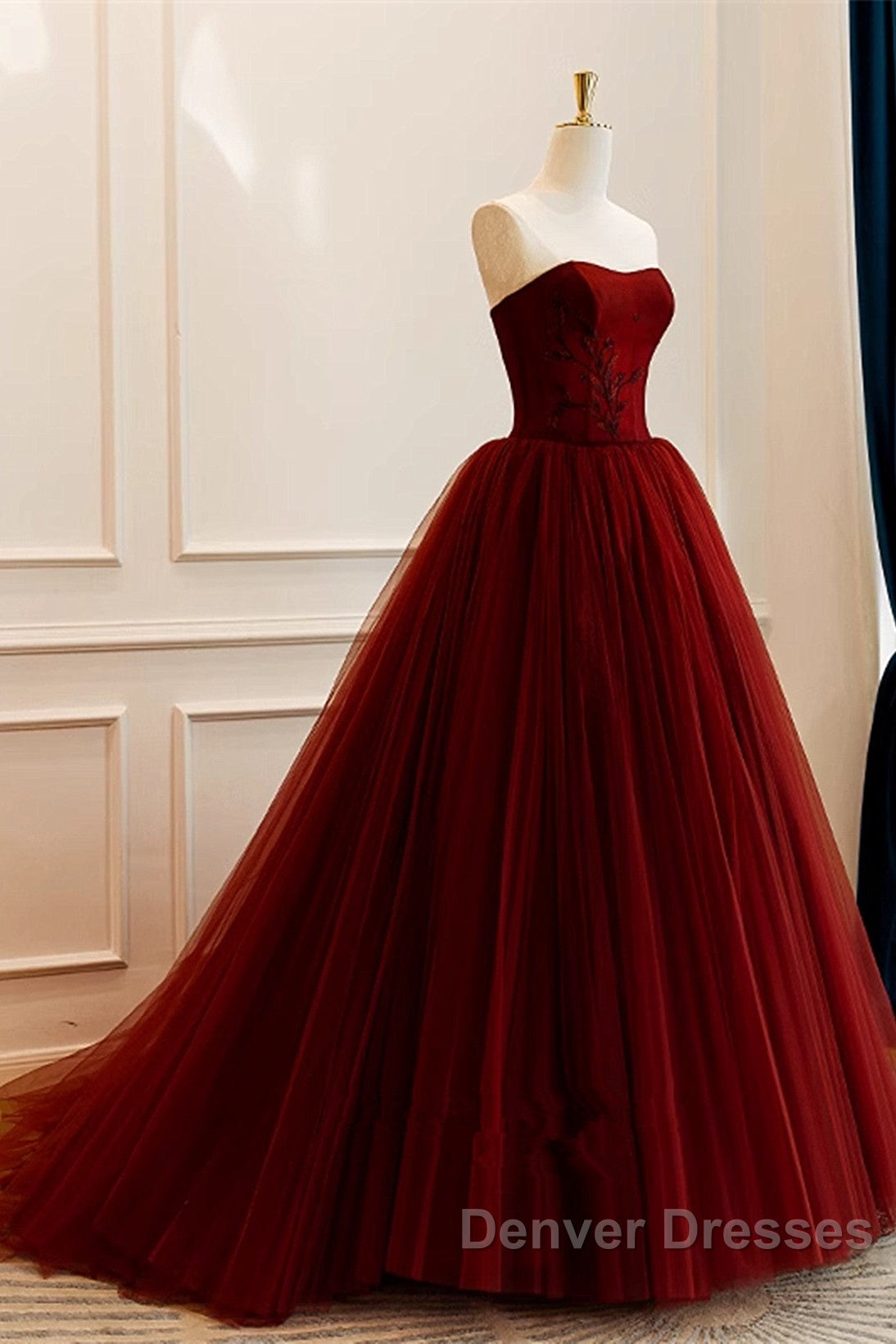 Wine Red Scoop Sweetheart Tulle Ball Gown Prom Dress, Wine Red Tulle Evening Dress